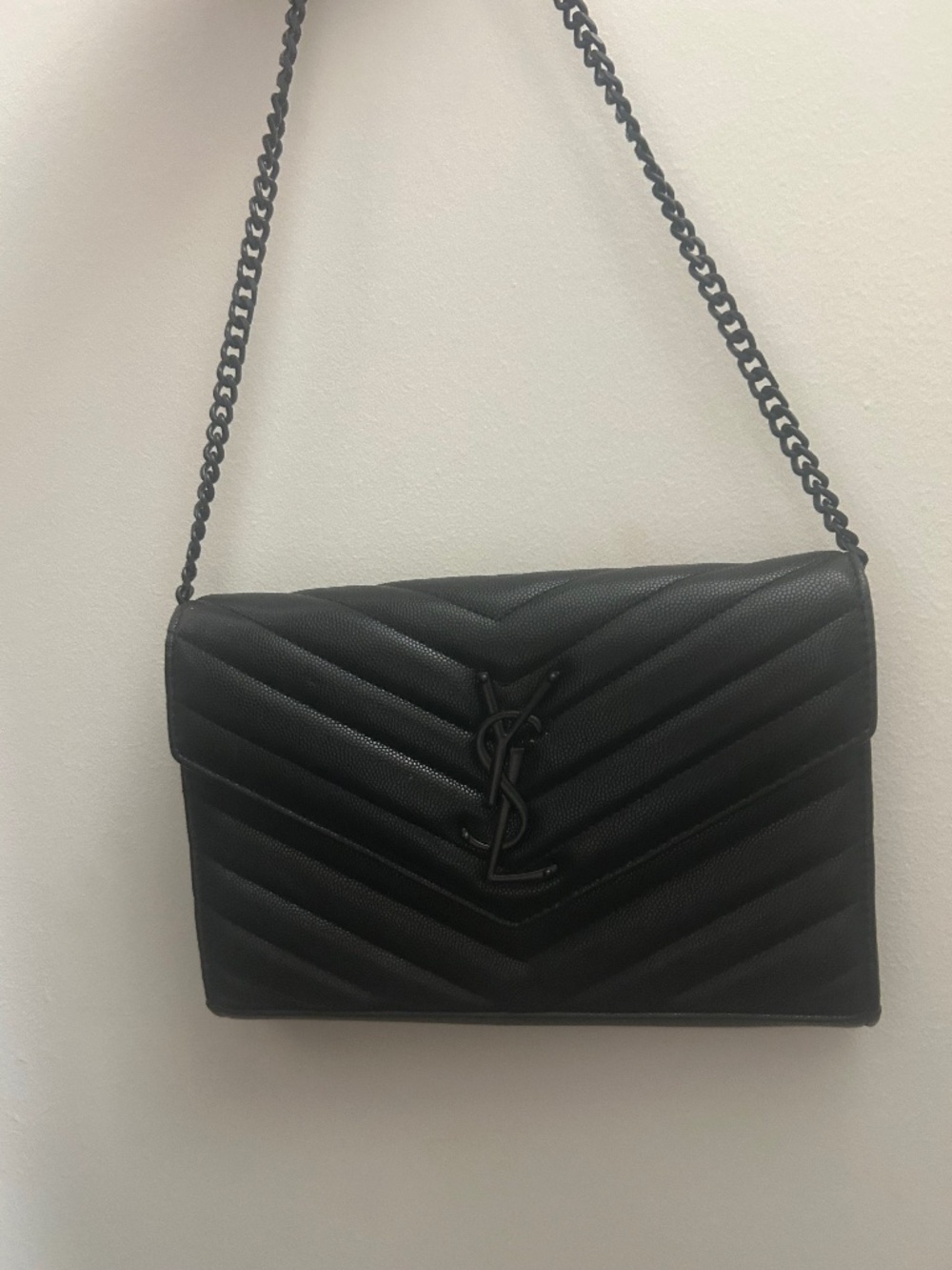 Saint Laurent Black Chevron Quilted Leather Monogram Chain Wallet TWIN